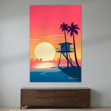 Rettungsturm bei Sonnenuntergang in Miami | Strandkunst von Minimal Blue