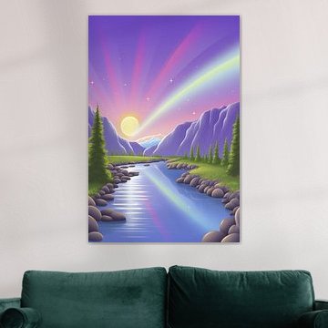 Violetter Sonnenaufgang über einem Gebirgsbach