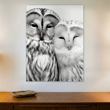 Eulenpaar eng beieinander – Tierkunst in Schwarzweiß