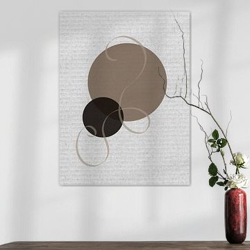 Abstrait minimaliste moderne : cercles marron et ligne décorative sinueuse sur papier gris