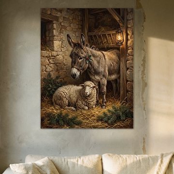 Weihnachts-Esel und Lamm im Retro-Stil von haroulita