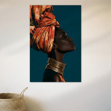 Afrikaanse vrouw met gouden halsringen op teal van Steinfox Art