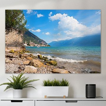 A small swimming beach in Gargnano, with views of the village and the mou