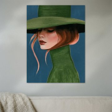Portrait mystérieux d'une femme au chapeau vert | Art de la mode moderne