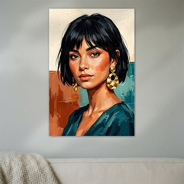 Chique, modern portret van een vrouw met gouden accenten en blauwgroene tinten