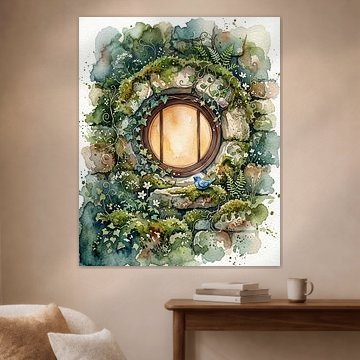 Zauberhafte Waldtür mit Blaukehlchen – Fantasiekunst in Aquarell. von Berrivelle