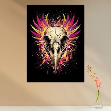 Mystieke feniksvogel met schedel en vlammende vleugels: herboren geest – dynamische grafische illustratie van The Deeper Way
