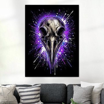 Mystieke raafschedel, raafveer, duistere wijsheid, geest, dynamische grafische illustratie