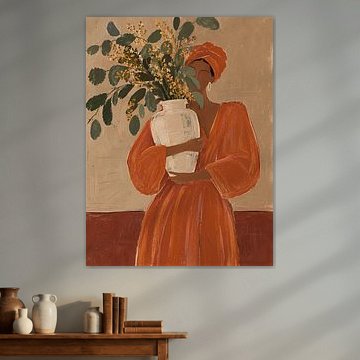 Portrait de femme dans un style bohème, sur fond de terracotta et de motifs botaniques