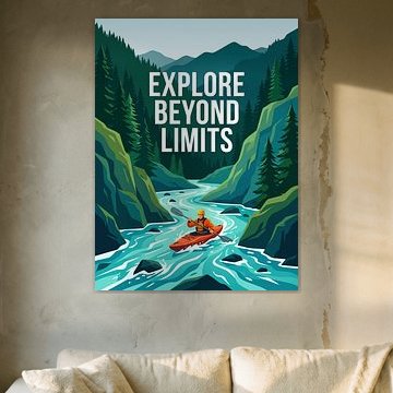 Entdecke die Welt jenseits aller Grenzen – Kajakfahren, Fluss, Canyon, Outdoor-Abenteuer – Grafische Illustration von The Deeper Way