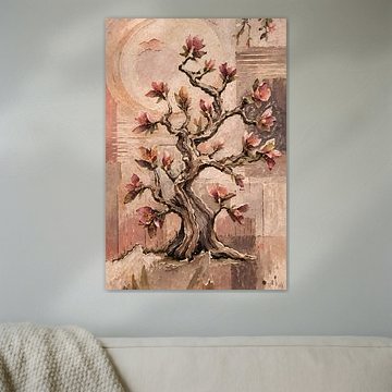 Robuster kleiner Baum mit gewundenen Ästen und rosa Blüten
