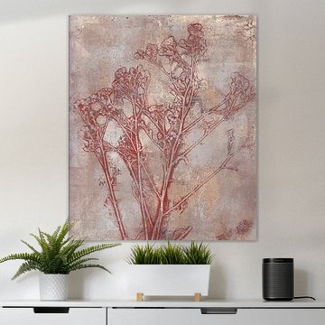 Abstract monoprint of wild flowers in shades of beige and red