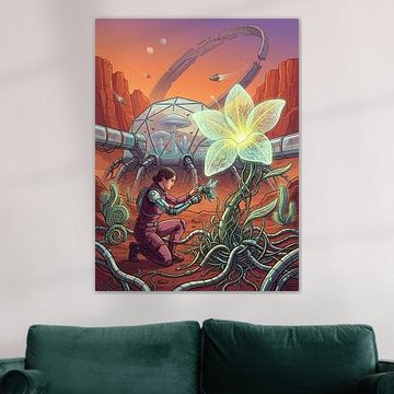 Mars-Kolonie, Science-Fiction, Botaniker, Kreis, Blume, fremder Planet, grafische Illustration von The Deeper Way