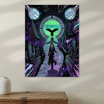 Illustration graphique représentant un portail occulte de fantasy noire avec une lanterne de cimetière
