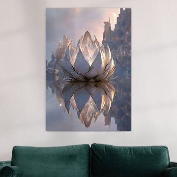 Een etherische kristallen lotus weerspiegeld in stilstaand water van Skye Studio