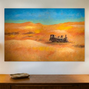 Verlassene Dampflokomotive in der Wüste – surrealistische Landschaft von Hans Sturris von Galerie Ringoot