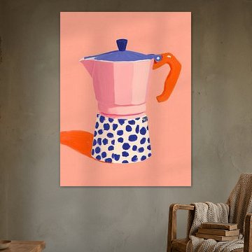 Rosa Espressokocher mit blauen Punkten – Modernes Kaffeebild von StudioRemier