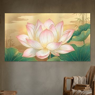 Élégante fleur de lotus rose rehaussée de détails orientaux dorés sur Siti Zuliana