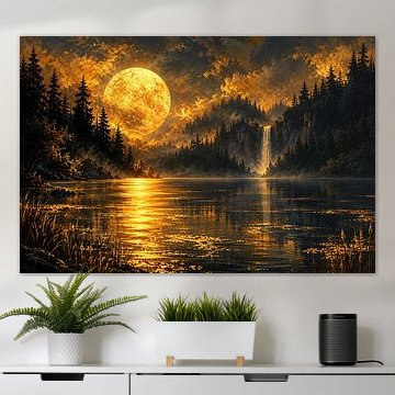 Painting of a golden moon with a deer in the forest