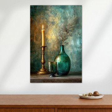 Petrolgrünes Stillleben – Elegantes Kerzenlicht von Joriali Fine Art