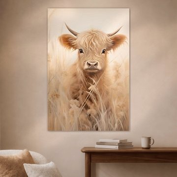 Ein Highland-Kalb im hohen Gras