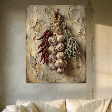 Nature morte vintage à l'ail et au piment – Décoration murale botanique pour cuisine rustique