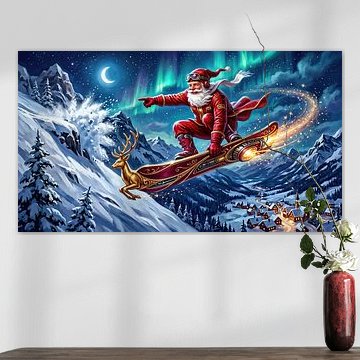 Weihnachtsmann auf Snowboard im Polarlichtflug von AidasignArt