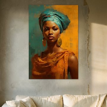 African woman wearing a turban and an ochre-coloured scarf by Steinfox Art