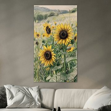 ZONNEBLOEM-KRASTEKENING MET POTLOOD - METALEN POSTER