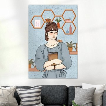 Gemütliche Frau mit einem Notizbuch in einer stilvollen Wohnraum-Illustration