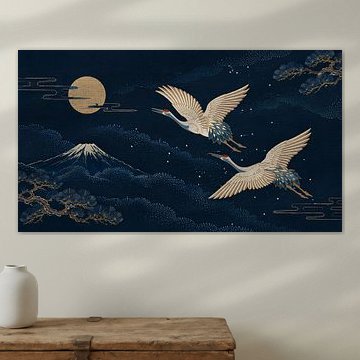 Golden Cranes Flying Beneath a Full Moon Above Mount Fuji by my pixel art