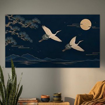 Des grues dorées volant sous la pleine lune au-dessus d'un lac de montagne paisible sur my pixel art
