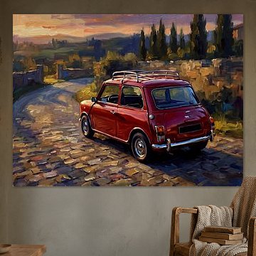 Red Mini Cooper on a Tuscan Sunset Road