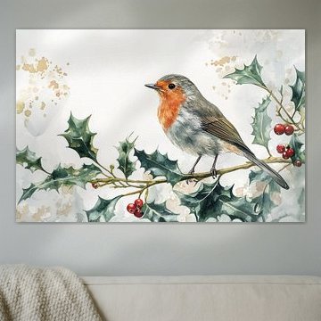 Rotkehlchen im festlichen Glanz der Stechpalme