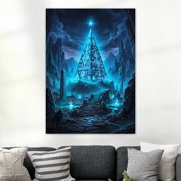 Een gloeiend cyaankleurig monument in de vorm van een runenpiramide bovenop een stenen trap, te midden van rotskliffen, obelisken en spirituele vlammen