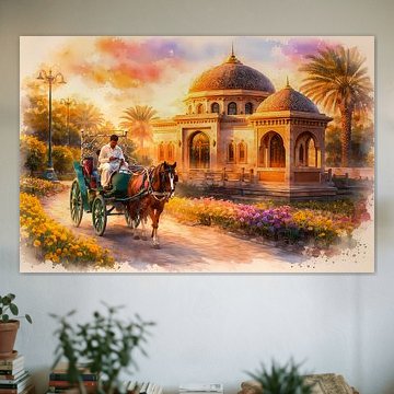 Ein Kutscher fährt an einem Tempel in Oman vorbei von Linda de Klein