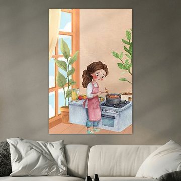 Aquarellillustration: Süßes Mädchen beim Kochen in einer gemütlichen Küche