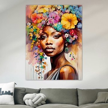 Farbenfrohes Aquarellporträt: Frau mit Blumen im Haar