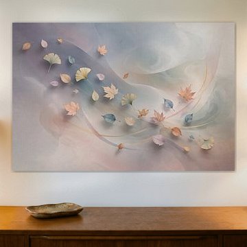 Drijvende herfstbladeren en ginkgo biloba in een pastelkleurige bries