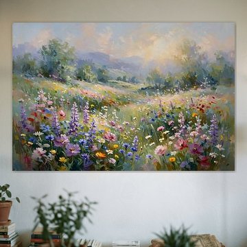 Impressionistisch olieverfschilderij van een zonovergoten wilde bloemenweide