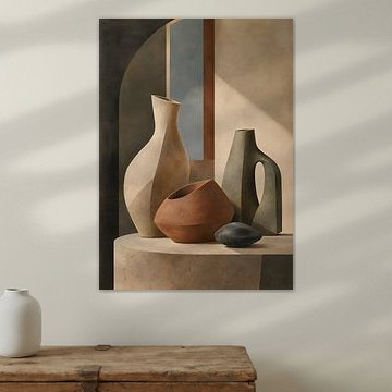 Modernist Ceramic Vessels Still Life Art Print – Minimalist Pottery in Soft Natural Light, Contemporary Earth Tone Wall Art