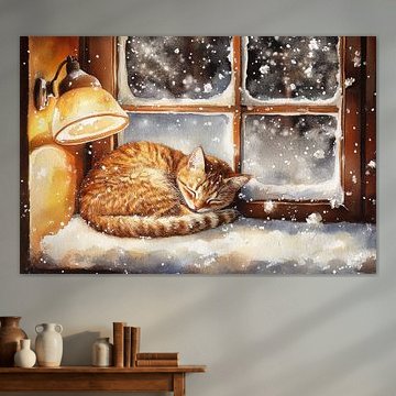 Schlummernde Katze in einem kupfergoldenen Fenster