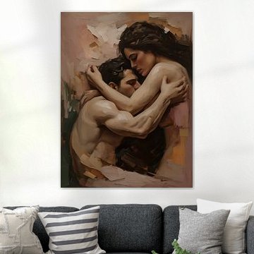 Intiem Koppel Schilderij - Romantische Omhelzing in Warme Pasteltinten met Impasto Structuur van Hilde Remerie – Digitale Kunst, Bauhaus & Fotografie
