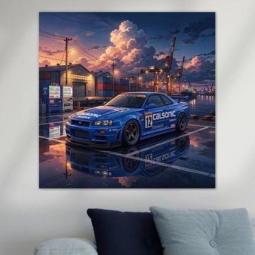 Nissan Skyline GT-R R34 Calsonic JTCC JDM Sport Car Industrial Port Sunset Graphic Illustration