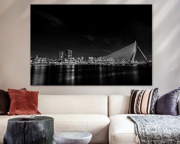 Erasmusbrug Rotterdam bij nacht in zwart wit van ABPhotography