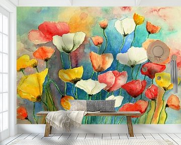 Bunter Mohn Aquarell Malerei Klaprozen Mohnblumen Blumen von Siegfried Dahlhaus