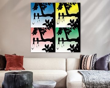 Collage van silhouetten van paradijsvogels op kleurige achtergrond van Gonnie van Hove