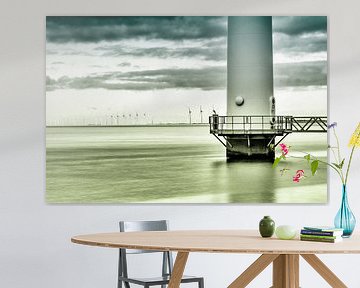 Windmolens in het landschap  in blauw en groen