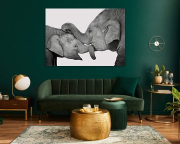Liefde van moeder en kind, knuffelende olifanten. Zwart wit. van Rietje Bulthuis