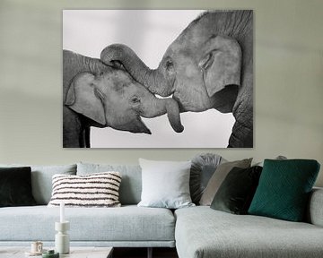 Liefde van moeder en kind, knuffelende olifanten. Zwart wit. van Rietje Bulthuis